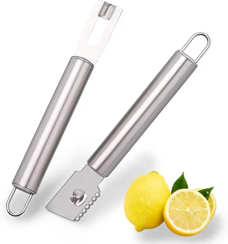 Juego de 2 ralladores de limón de acero inoxidable, juego de cuchillos de zester de limón y canal, herramienta peladora de cítricos y naranja,