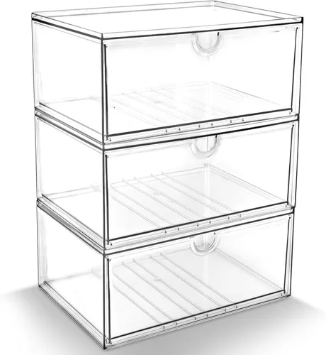 Miniatura 16 de Prsildan - Organizador de cajones acrílico para maquillaje con 3 cajones, almacenamiento transparente apilable para biberones, manualidades, joyas