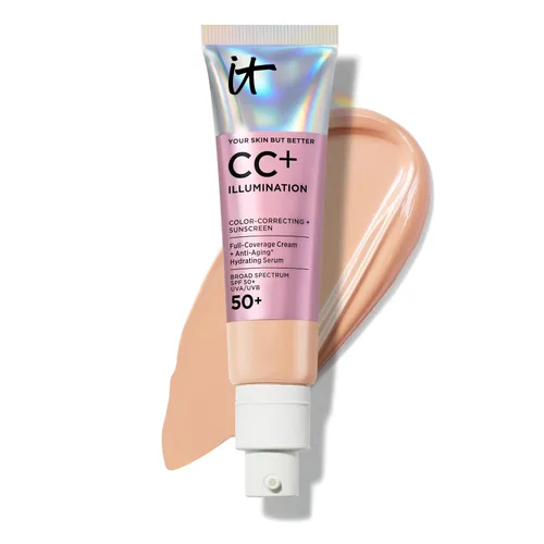 IT Cosmetics CC+ Crema Iluminadora (Tono Medio Neutral) - Base de Cobertura Completa Radiante Con SPF 50+, Corrector de Color y Suero Hidratante 06