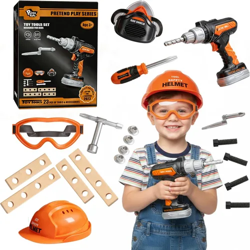Miniatura 8 de Pairez Toys Motosierra de juguete para niños, juego de herramientas de juego de simulación de 19 piezas, kit de herramientas para el hogar