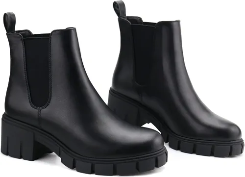 Miniatura 6 de starmerx Botines de plataforma para mujer, botas Chelsea elásticas, tacón medio, botines sin cordones