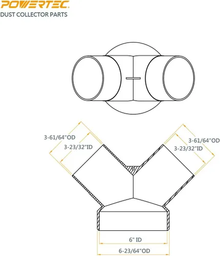 Miniatura 8 de POWERTEC 70189-P2 Conector en Y para colector de polvo Reductor de manguera de 6 pulgadas a 4 pulgadas para sistema de recolección de polvo