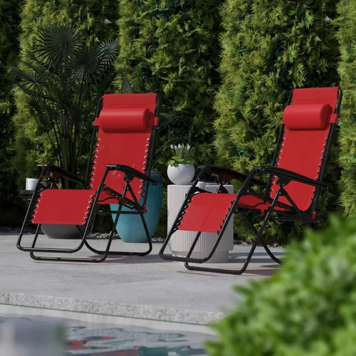 BizChair Sillón reclinable de malla plegable ajustable de gravedad cero con almohada y bandeja portavasos, color rojo, juego de 2