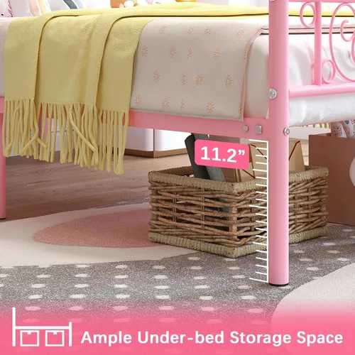 Miniatura 6 de Weehom Marco de cama individual, plataforma de metal, listones de acero resistente, almacenamiento debajo de la cama para niños, color rosa