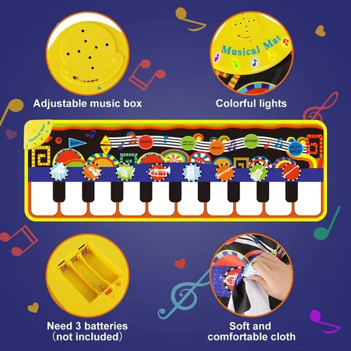 Miniatura 5 de RenFox Alfombrilla de piano para bebé con 25 sonidos musicales, tapete de juego musical para niños, desarrollo educativo temprano, regalo