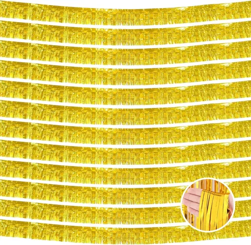Miniatura 16 de Paquete de 12 guirnaldas de flecos de papel metálico de 10 pies de oropel para colgar en la pared, pancartas negras con flecos de oropel