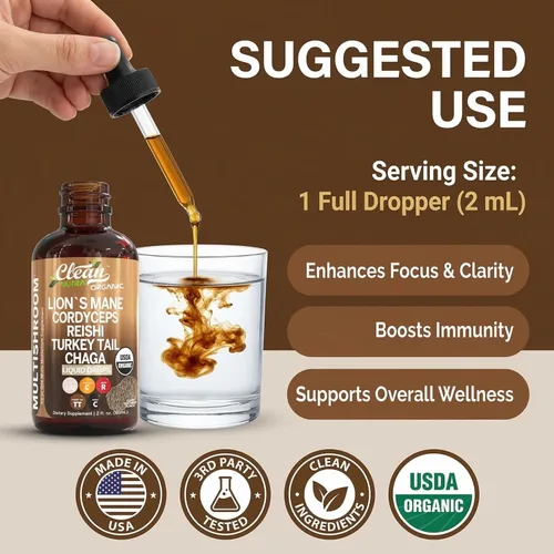 Miniatura 6 de Gotas líquidas de suplemento de hongos orgánicos de Mane de León + mezcla compleja de hongos en polvo de Cola de Pavo, Cordyceps, Reishi, Chaga