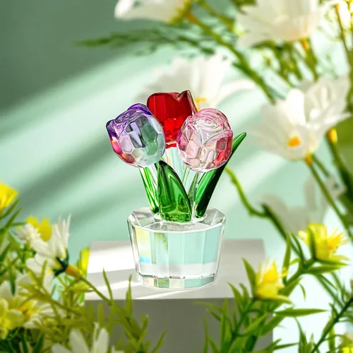 Figuras de ramo de rosas coloridas de cristal, color rojo, rosa, morado, flores, regalo para mujeres, bodas, fiestas, figuras coleccionables