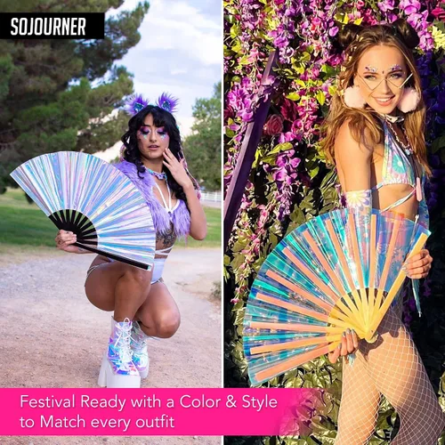 Miniatura 6 de Ventilador holográfico para rave, fanático del orgullo y ventilador de festivales, ventilador plegable grande para festivales, Halloween, burlesque