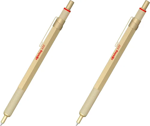 Rotring Bolígrafo metálico 600, punta media, tinta negra, barril dorado, recargable, 1 unidad (paquete de 2)