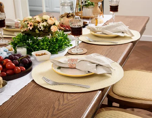 Miniatura 6 de AHHFSMEI Juego de 6 manteles individuales redondos trenzados de 15 pulgadas para mesas de comedor, tejido natural, resistentes al calor, color beige
