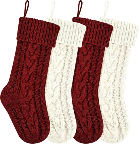 Medias de Navidad de punto borgoña y marfil de 18 pulgadas, a granel, de doble cara, medias de Navidad familiares vintage para chimenea y decoración