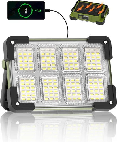 Luz de Trabajo Solar Recargable de 120W, Luz de Inundación Portátil con Soporte, Luz de Trabajo LED de 144 LEDs 10000LM con 4 Modos, Luz de Trabajo