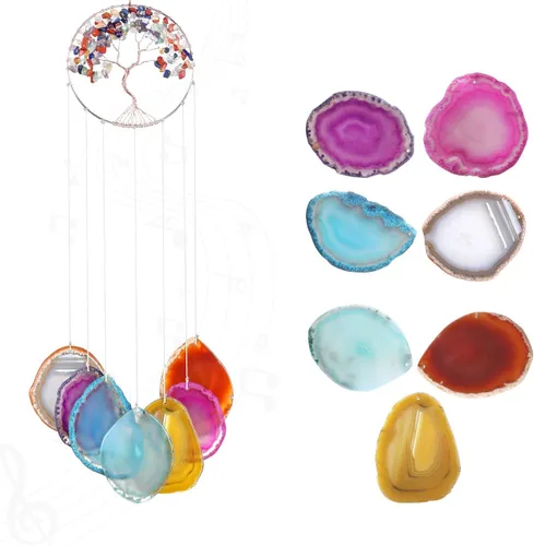 Yoption Campanilla de viento conmemorativa con diseño de árbol de la vida, 7 chakras de cristal natural para decoración del hogar, jardín, 15.7-17.7
