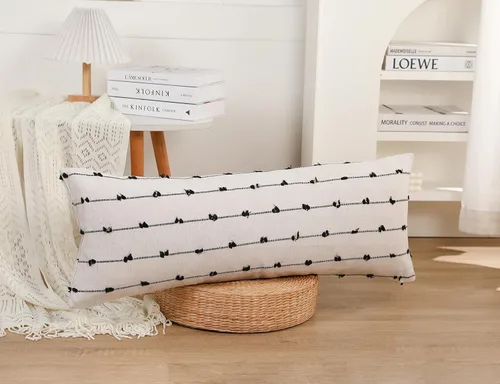 Miniatura 2 de NUYECY Funda de cojín lumbar larga de 14 x 36 pulgadas, patrón de rayas de algodón negro, bohemio, extra larga, decorativa, funda de cojín