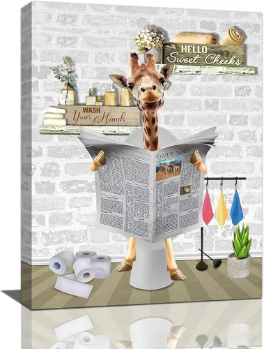 Miniatura 6 de Fuzawet Arte de pared de oso para decoración de baño, lienzo de lectura de periódico, negro en el inodoro, imágenes divertidas de animales
