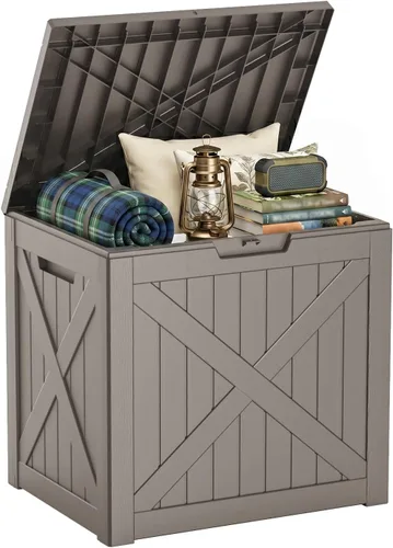 Miniatura 8 de Caja de cubierta para exteriores de 120 galones, cajas de almacenamiento impermeables con cerradura para herramientas de jardín, cojines de Gris