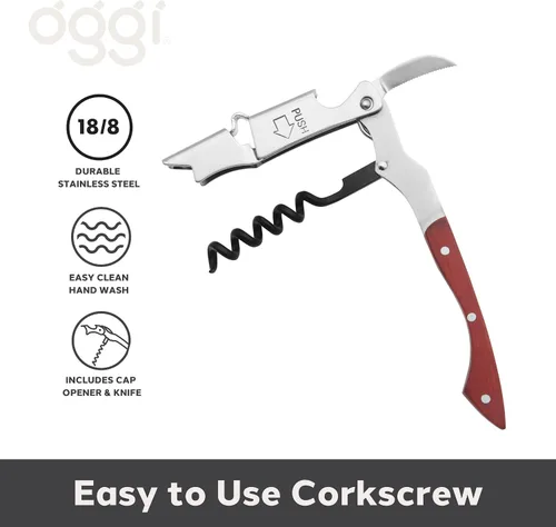 Miniatura 2 de OGGI Abridor de vino – Sacacorchos para camareros con mango de madera – Palanca de doble bisagra Manual Abridor de botellas de vino para camareros