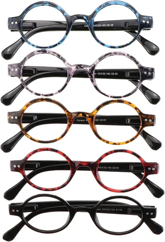 VisionGlobal 5 pares de anteojos de lectura con bisagra de resorte, anteojos de bloqueo de luz azul para mujeres/hombres, marco ovalado (5 colores,