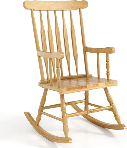 Miniatura 15 de Tangkula Silla mecedora de patio de madera de goma sólida, silla mecedora de porche exterior con marco de madera de goma, silla mecedora de madera