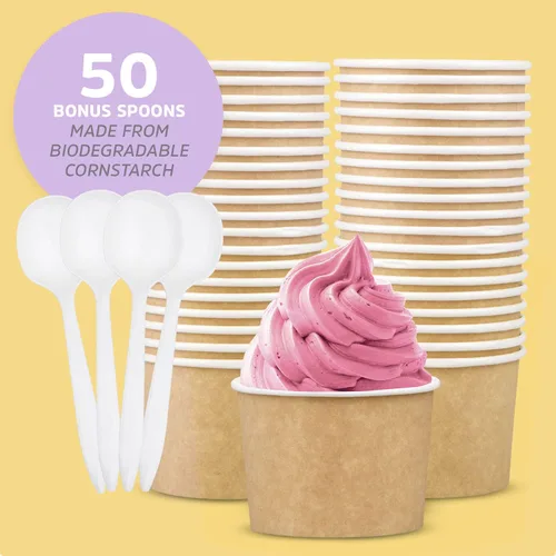 Miniatura 6 de Promora Tazas de helado de papel desechables de 12 onzas, 50 unidades + cucharas, cuencos para sopa caliente/postre con cucharas, perfectas