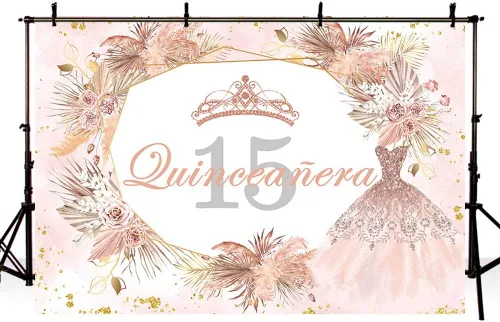 Miniatura 4 de Sendy Telón de fondo de quinceañera de 15 cumpleaños de 7 x 5 pies para niña dulce, bohemio, rosa dorado con purpurina Mis Quince Anos, decoración