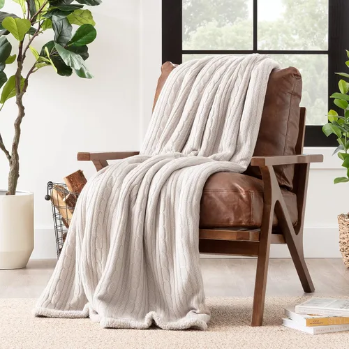Miniatura 2 de Chanasya Manta de punto trenzado suave, color beige crema, afelpada de sherpa, gruesa, cálida, ligera, acogedora, moderna, para sofá, sala de estar