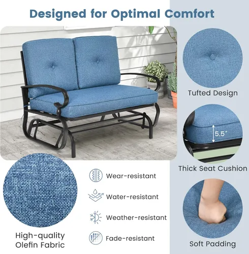 Miniatura 5 de Tangkula Silla mecedora para exteriores, banco planeador de patio para 2 personas, sofá biplaza mecedora para exteriores con marco de acero y Azul