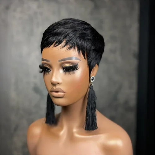 Miniatura 5 de YJOQOKOA Peluca corta de corte Pixie para mujeres negras, peluca de cabello humano lacio negro natural, peluca estilo Bob, pelucas cortas en capas