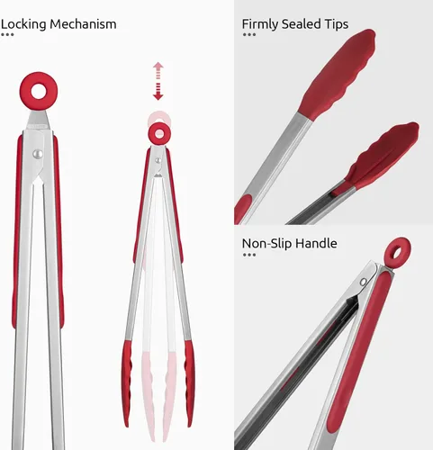 Miniatura 6 de Pinzas de cocina resistentes al calor de 600ºF: U-Taste de 12 pulgadas, pinza grande de silicona para cocina con puntas de goma antiadherente Rojo