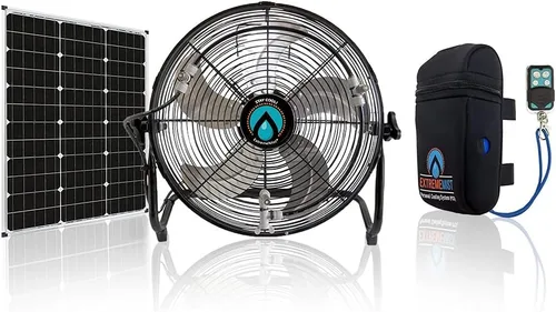 Miniatura 2 de EXTREMEMIST Ventilador de nebulización solar de 14 pulgadas Pro - 4 boquillas de niebla, panel solar de 30 W Bomba desmontable con línea