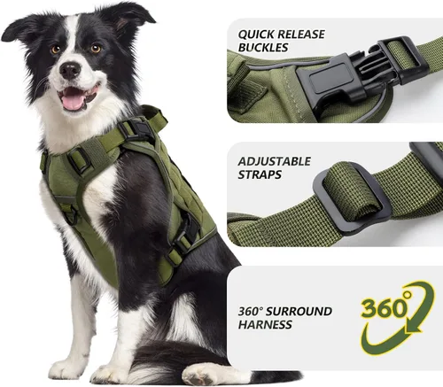 Miniatura 2 de WINGOIN Arnés táctico para perros extragrandes, arnés resistente sin tirones con asa, ajustable, reflectante, militar, K9, chaleco para perros Verde