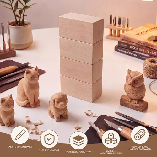 Miniatura 4 de Bloques de tallado de tilo – Paquete de 2 bloques de madera de bajo de 6 x 3 x 3 pulgadas, kit de tallado de madera para principiantes, espacios