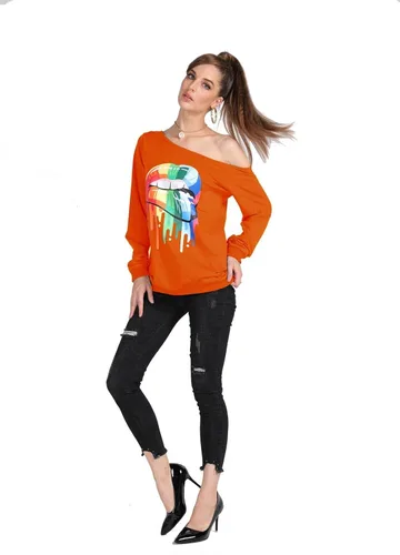 Miniatura 3 de MAGICMK - Suéter de hombros descubiertos y manga larga para mujer, blusas informales con estampado de labios, tallas extragrandes, holgadas