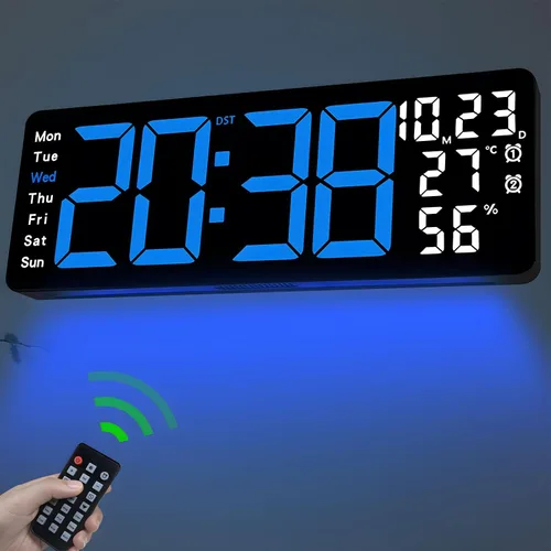 JoFomp Reloj de pared digital grande de 17.3 pulgadas, reloj digital LED con control remoto, reloj despertador con