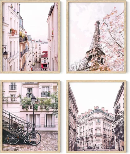 Miniatura 11 de HAUS AND HUES París - Juego de 4 pósteres de pared (rosa, 11 x 14), marco beige, decoración de dormitorio para niñas