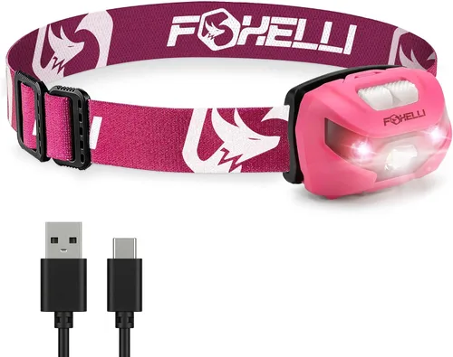 Foxelli Faro LED recargable USB-C – Lámpara de cabeza súper brillante y ligera para correr, acampar, senderismo y trabajo – Ajuste cómodo para Rosa