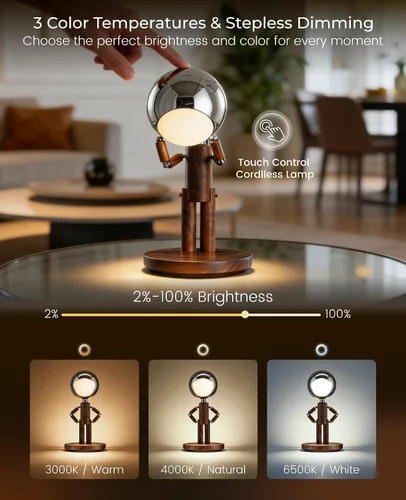 Miniatura 4 de Lámpara de mesa inalámbrica, lámpara de mesa de madera recargable con control táctil y brillo ajustable, lámpara de noche decorativa inalámbrica
