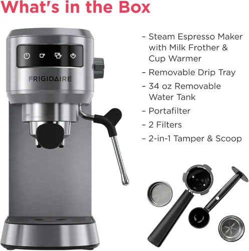 Miniatura 2 de Frigidaire Cafetera de Espresso a Vapor, Máquina de Café con Espumador de Leche y Calentador de Tazas, Presión de 20 Bares, Tanque de Agua Extraíble