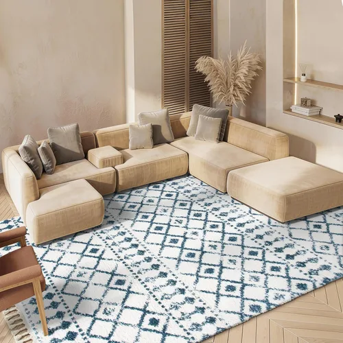 Miniatura 23 de SAFAVIEH Berber Fringe Shag Collection - Alfombra decorativa de 2 pies 2 pulgadas x 4 pies, color crema y azul, diseño, no desprende pelusa