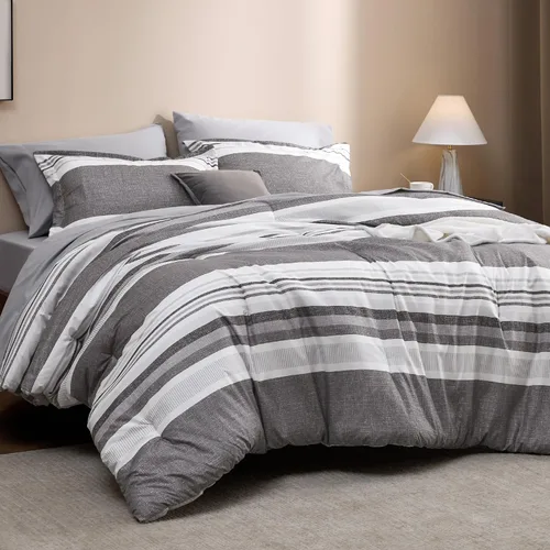 Miniatura 8 de Bedsure Juego de ropa de cama con edredón tamaño individual de 5 piezas, juego de ropa de cama a rayas azules para todas las estaciones, reversible