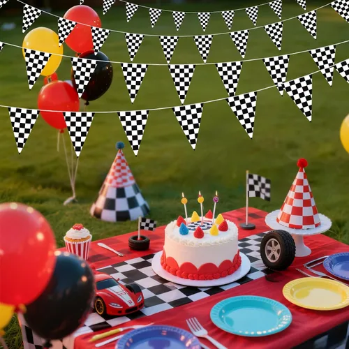 Miniatura 3 de HOOSUN Bandera a cuadros para decoración de cumpleaños de coches de carreras, 98 pies, 48 piezas, bandera a cuadros, suministros de fiesta, banderas