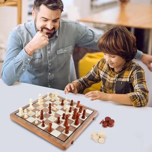 Miniatura 8 de MerryPony Juego de ajedrez y damas de madera magnético 2 en 1, juego de ajedrez plegable de 15 pulgadas para adultos y niños, tablero de ajedrez