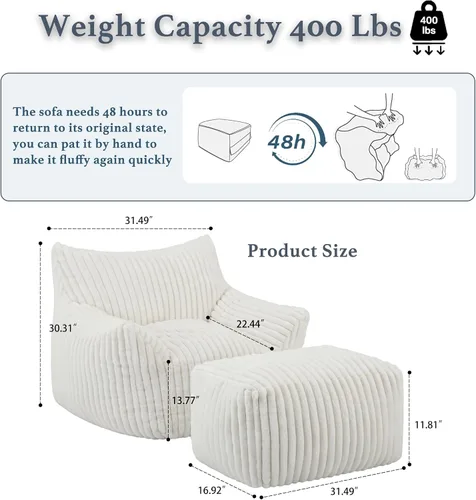 Miniatura 2 de Puf Chaise Lounge de Gran Tamaño para Interiores para Adultos con Reposabrazos y Otomana - Puf Gigante Cómodo Beige Perezoso para el Suelo, Sofá