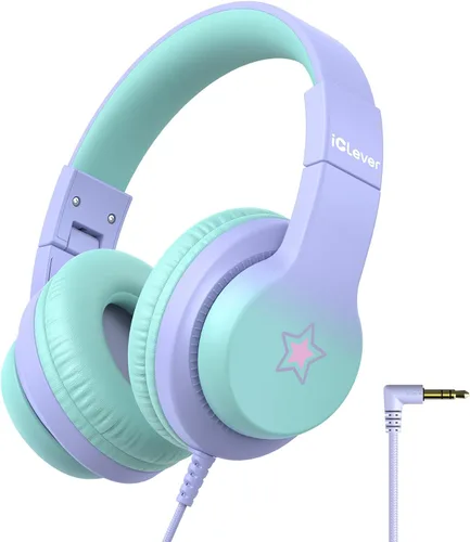 iClever HS19S - Auriculares infantiles con micrófono, limitador de volumen seguro a 85 dBA, auriculares estéreo con orejeras para niños y niñas,
