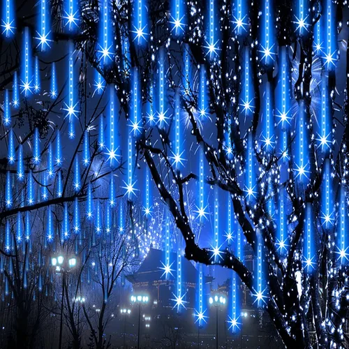 Miniatura 11 de Luces de lluvia de meteoros al aire libre, luces navideñas, 24 tubos, 576 LED, efecto de caída de nieve, lluvia en cascada, carámbanos, luz