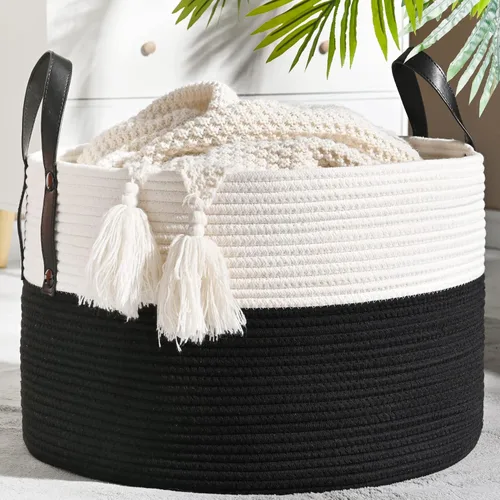 Miniatura 23 de KAKAMAY Cesta grande para manta (20 x 13 pulgadas), cestas tejidas para almacenamiento de ropa sucia de bebé, canasta de manta de cuerda de algodón
