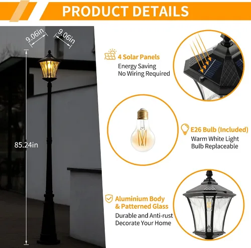 Miniatura 3 de LUTEC Lámpara de poste solar para exteriores, luz del anochecer al amanecer, poste impermeable con vidrio estampado, accesorios de luz solar