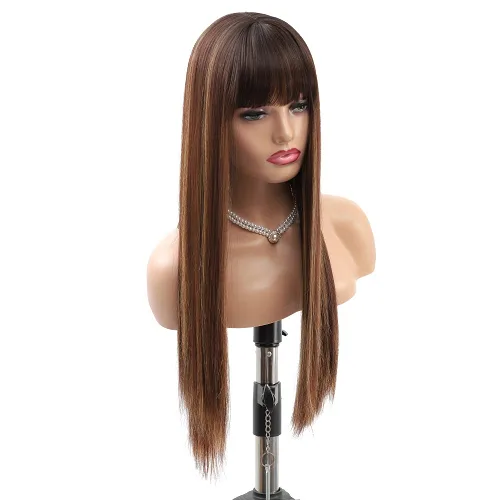 Miniatura 8 de Pelucas rubias con reflejos para mujer, peluca larga y lacia con flequillo, cabello Remy suave y sedoso, resistente al calor, pelucas de fibra