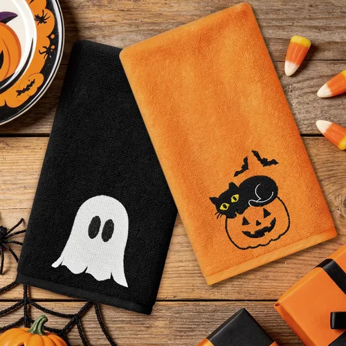 Miniatura 3 de Hexagram Halloween Hand Towels for Bathroom Set of 2, Black and Orange Halloween Bathroom Decor Embroidered Ghost Pattern, Soft Luxury Hand Towels